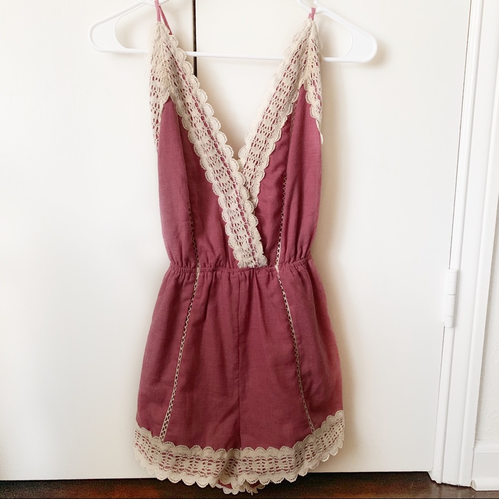 Dark Mauve Pink Crochet Lace Trim Romper
